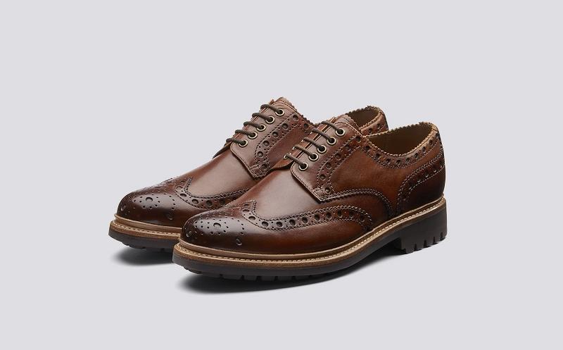 Grenson Archie Mens Gibson Brogue - Brown Hand Painted Calf Leather with a Commando Sole YN5893
